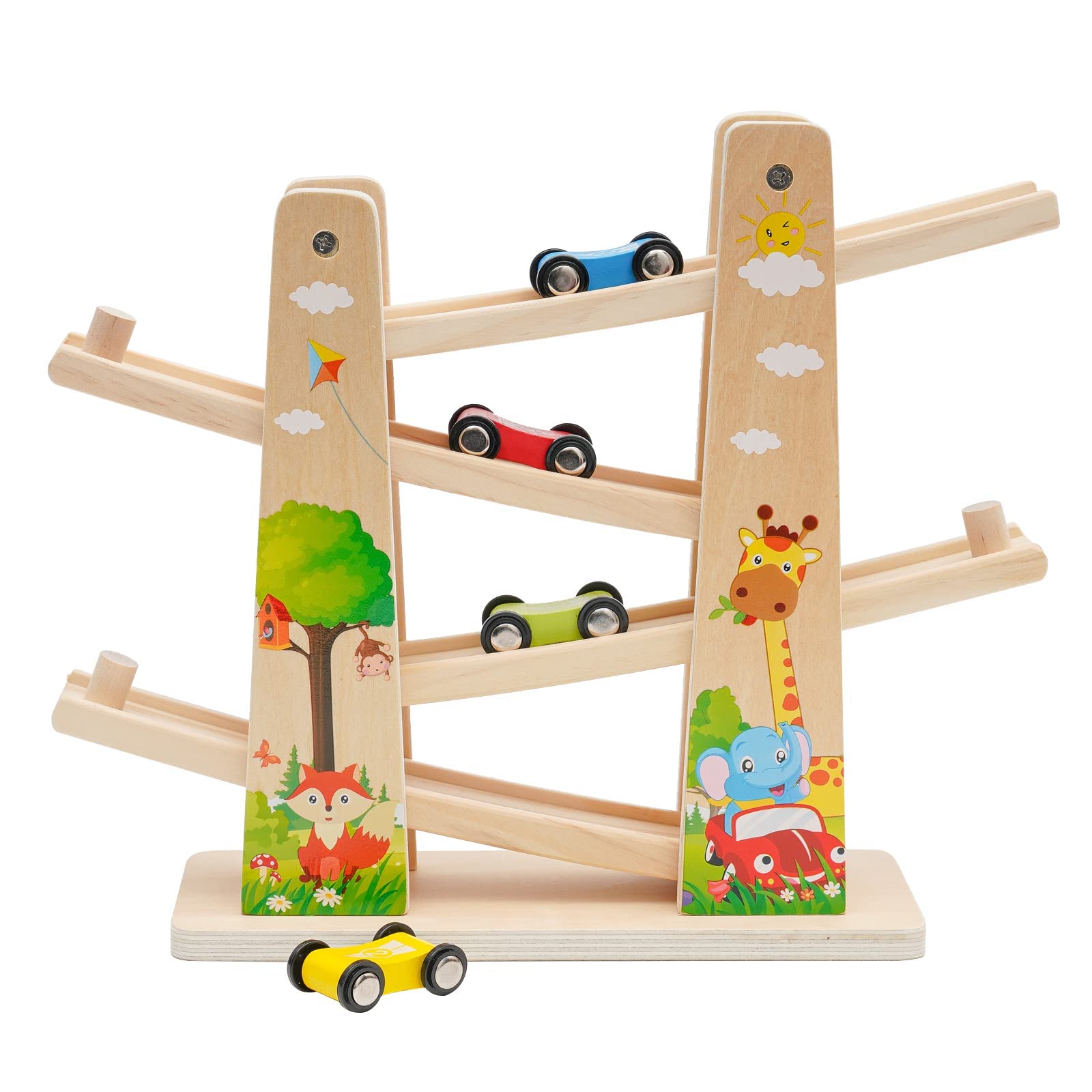 Wooden Track Car Click Clark Race Toys Zig Zag Cars Slide with 4-Car Cars Ramp Toy for Boy Gifts Birthday Presents,Racing Track Educational Toy Gift for Boy and Girl (forest)