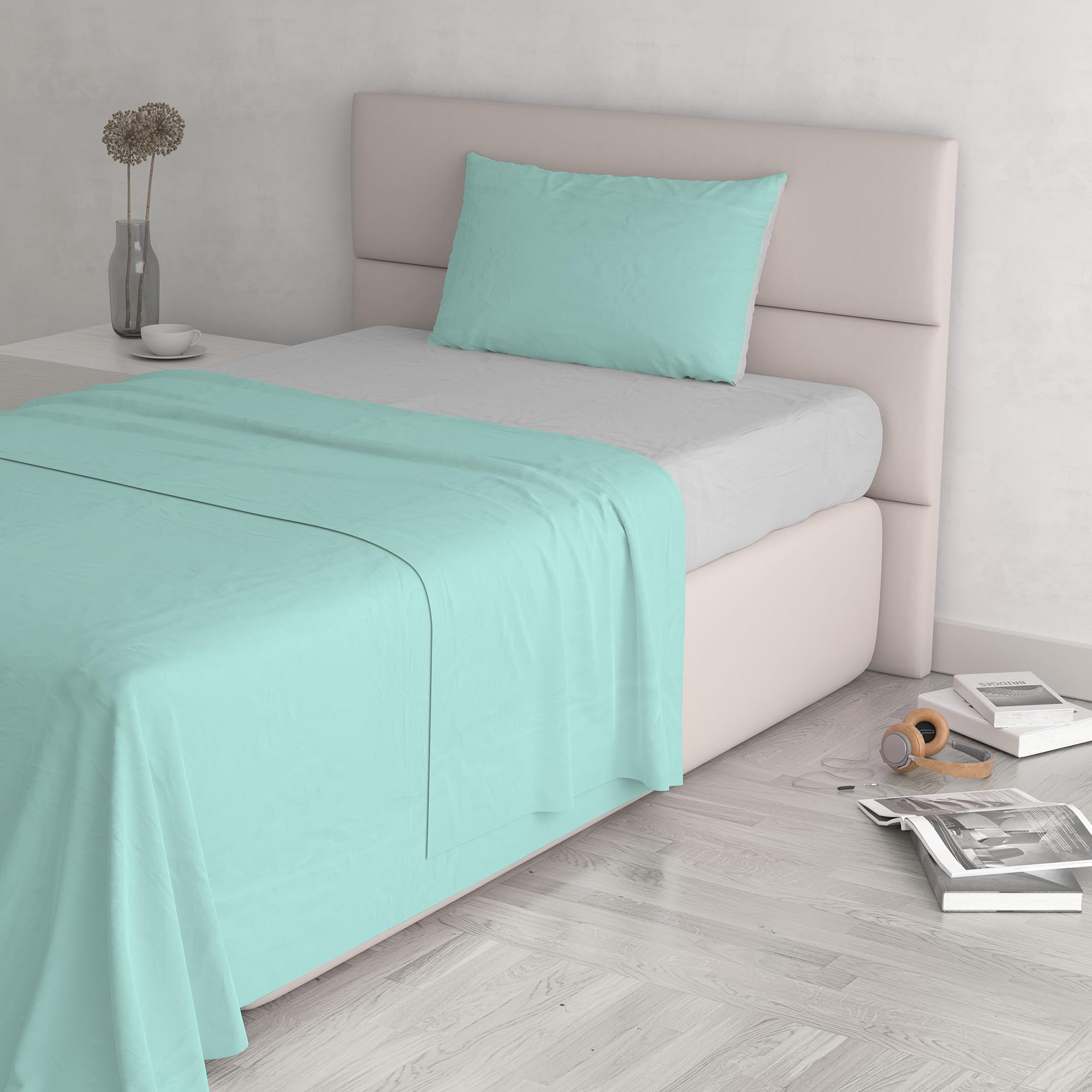 Italian Bed Linen Natural Color Bed Set (Flat 150x300, Fitted Sheet 90x200cm+Pillowcase 52x82cm), Petrol Bottle Green, Water Light Gray, SINGLE