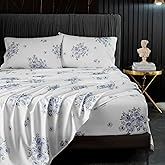 HYPREST Blue Floral Bed Sheets King Size, 18 inches Deep Pocket Sheets 1800 Thread Count, 4 Pieces Sheet Set Soft Breathable Farmhouse Sheets Shabby Chic Bed Sheets,Oeko-Tex Certificated
