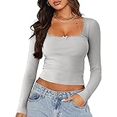 NODHUT Women's Long Sleeve Crop Top Sexy Square Neck Going Out Tops Cute Ribbed Knit Bow Knot Lace Patchwork T Shirts