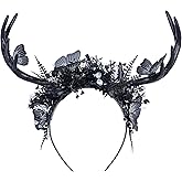 MOSTORY Handmade Black Deer Antlers Headband Gothic Reindeer Horns Elf Crown Dark Woodland Butterfly Headpiece for Women Girls Renaissance Halloween Cosplay Goth Wedding Party