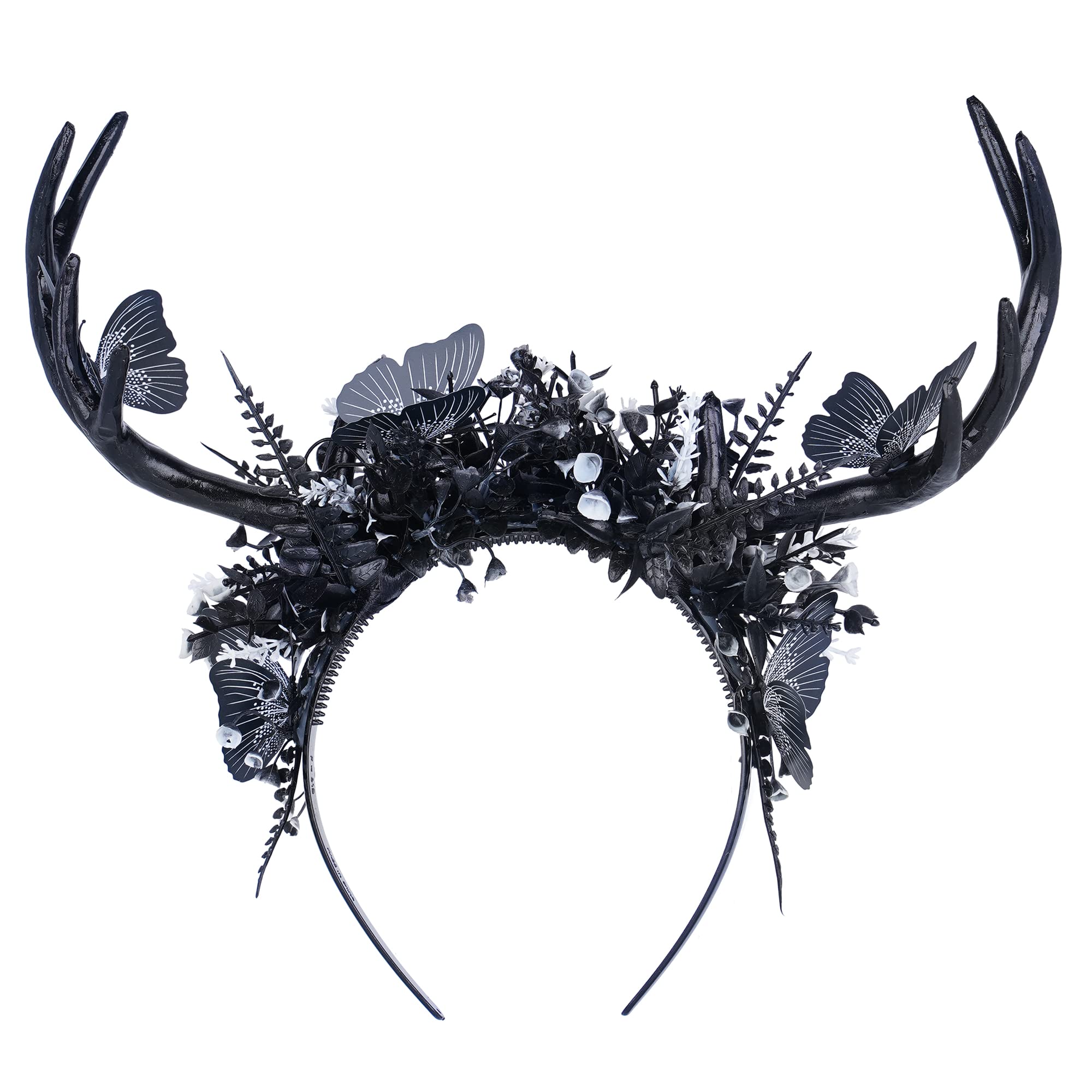 Photo 1 of MOSTORY Handmade Black Deer Antlers Headband Gothic Reindeer Horns Elf Crown Dark Woodland Butterfly Headpiece for Women Girls Renaissance Halloween Cosplay Goth Wedding Party