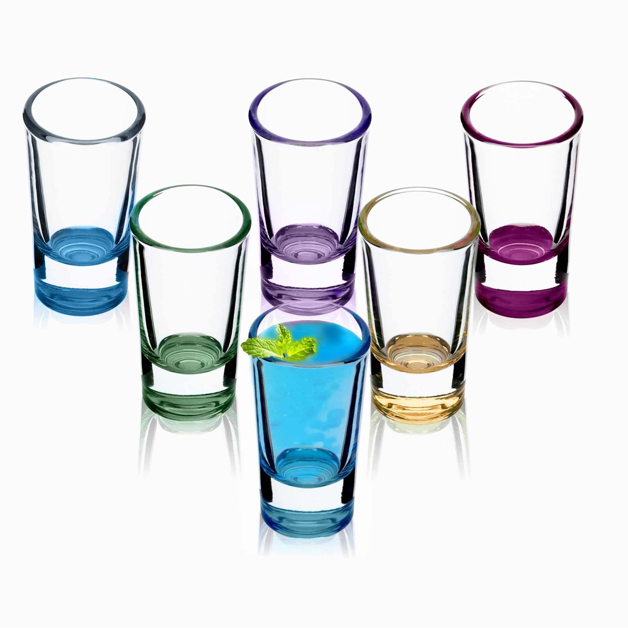 KADAX Shot Glasses 28 ml, Set of 6, Small Vodka Glasses with Heavy Base, Coloured Shot Glasses for Tequila, Liquor, Round Glassware Set