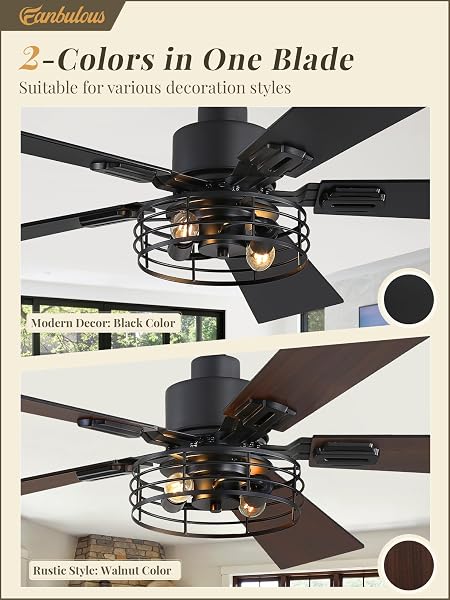 FANBULOUS 2 PACK FARMHOUSE 42 INCH CEILING FANS WITH LIGHTS, BLACK INDUSTRIAL CAGED CEILING FANS FOR BEDROOM LIVING ROOM, DOUBLE-SIDED 5 BLADES RUSTIC CEILING FAN