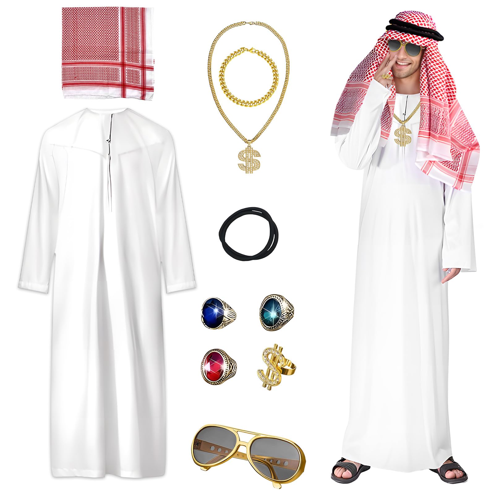 Suffolly Arab Costume Men,Arab Sheikh Costume,Arab Outfit Includes Robe,Hijab,Ring,Necklace and Eyeglasses Funny Costumes for Men Fancy Dress Arab Halloween Costumes(White, M)