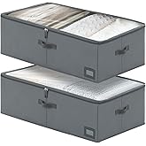 PLUMGEAN 10-Inch Under Bed Storage Containers (2-Pack) | Sturdy Sidewalls | Clear Cover & Label Holder | Foldable Fabric Closet Bin Organizer | Stores Clothing/Blankets/Sweaters/Sheets