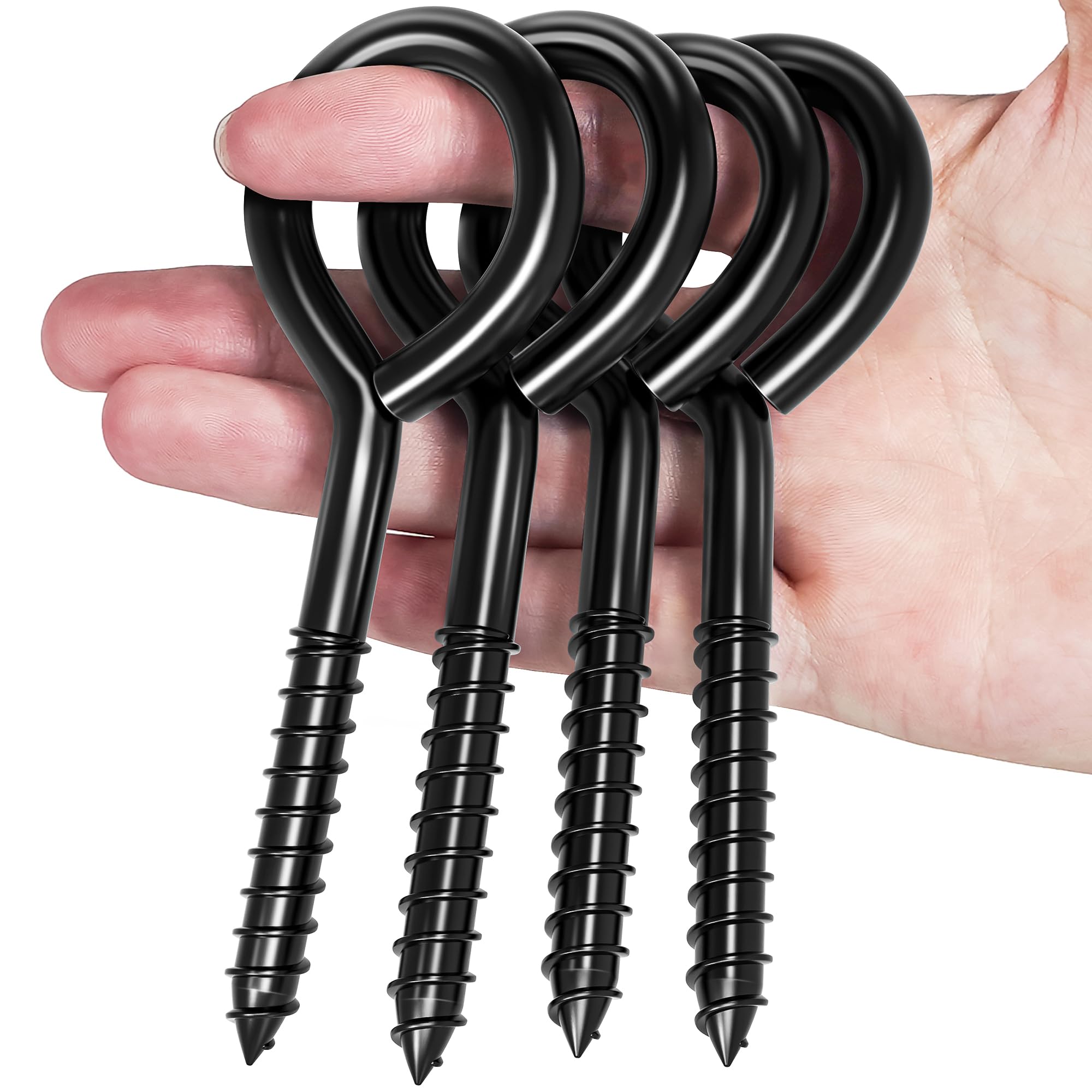 Photo 1 of TLAZZ 4 Pack 5 Inch Eye Bolts Screw in Hooks, Heavy Duty Black Large Screw in Eye Hooks, Eye Hammock Stand Hooks Screw for Hanging, Tie-Downs, Heavy Indoor & Outdoor Uses
