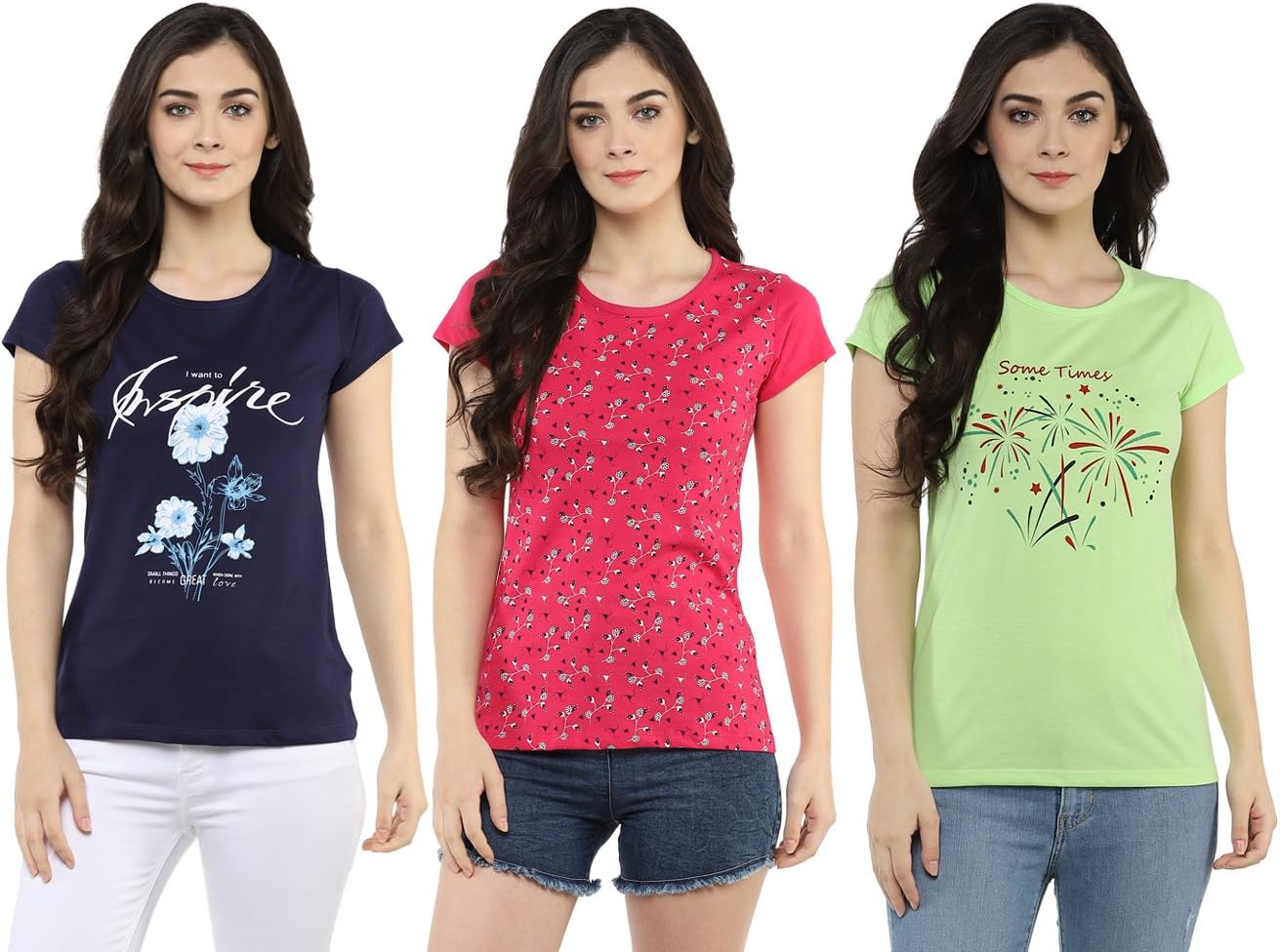 Women's T-Shirt (Pack of 3) (7100-COMBO2_Multicolored_Medium)