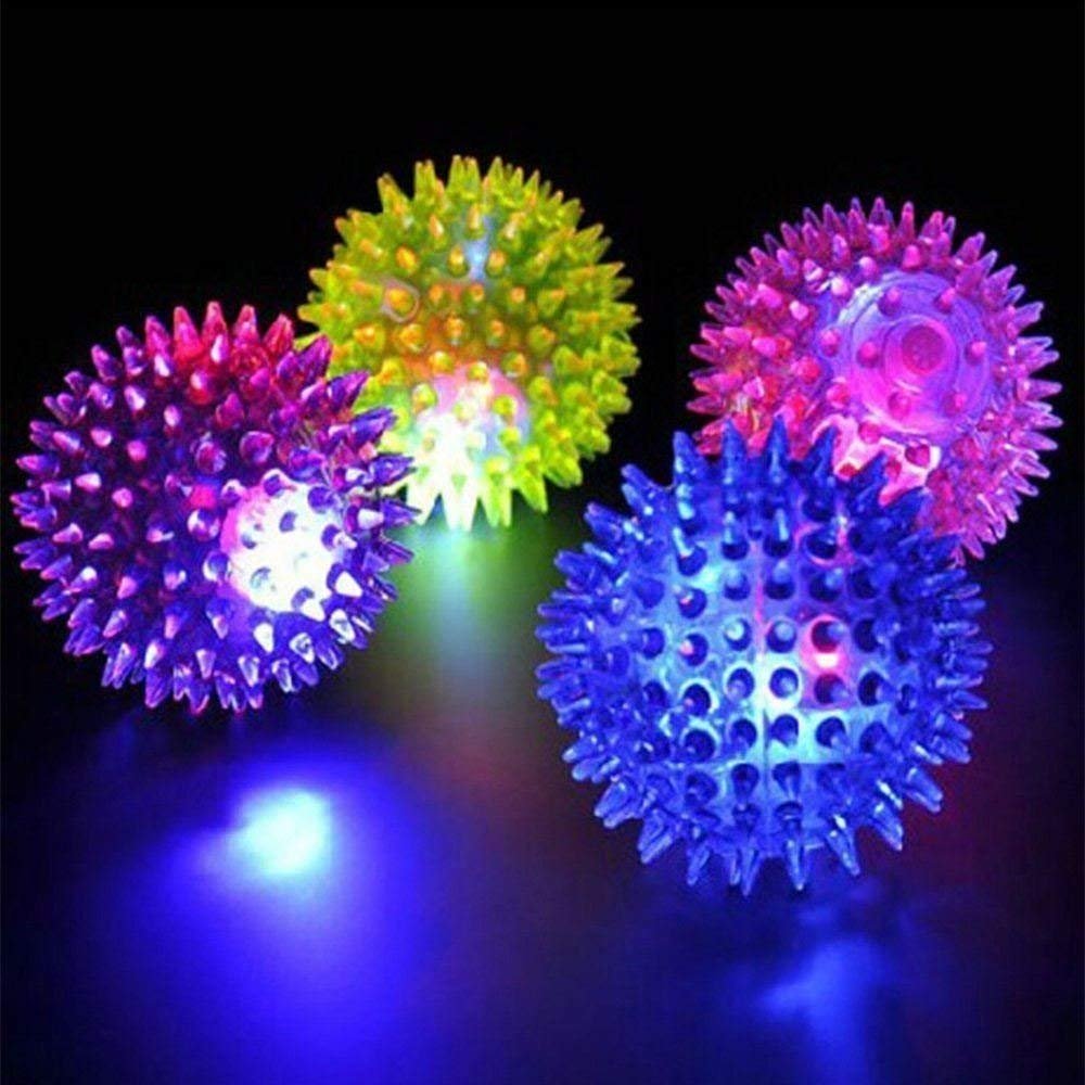 Pack of 10 LED Light Up Spiked Ball - Flashing Sensory Fidget Toy Disco Balls for Babies and Dogs, Bouncy Squeezy Spiky Toys