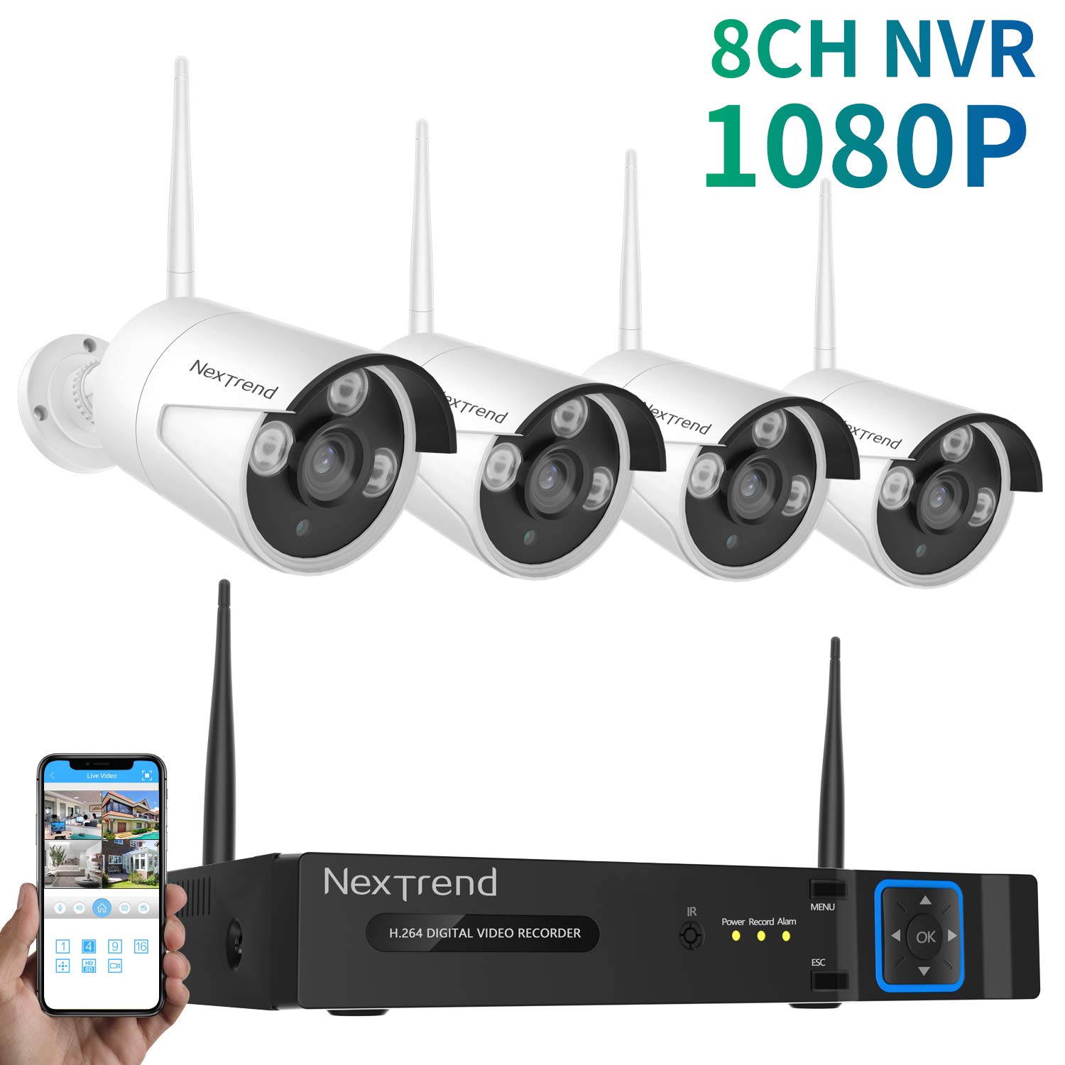 Wireless Security Camera System, NexTrend 8 Channel 1080P Home Video Surveillance System, 4 960P(1.3 MP) Waterproof Security Cameras, 1TB Hard Drive, Plug Play Indoor Outdoor Security Camera System
