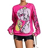 WDIRARA Women's Figure Graphic Print Sweatshirt Round Neck Long Sleeve Contrast Color Graffiti Pullovers