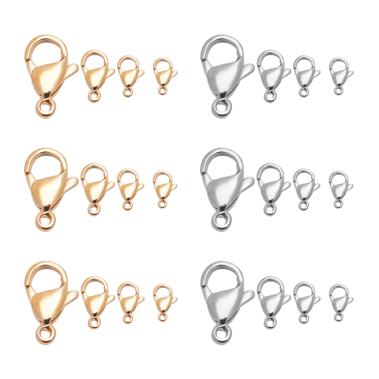 UNICRAFTALE 64pcs 4 Sizes Lobster Claw Clasps Stainless Steel Clasps Fastener Hook End Chain Clasp Golden & Stainless Steel Color Clasps for Jewelery Making Necklaces Bracelets