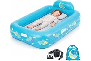 Quooly Inflatable Toddler Travel Bed – Toddler air Mattress with Bumpers & Kids Air Mattress with Electric Pump, Safety Bumpe