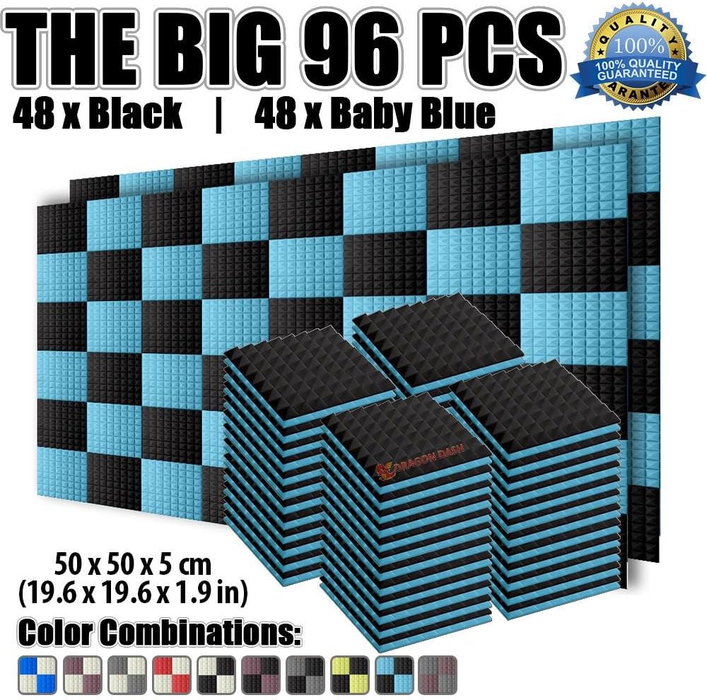 Arrowzoom 96 Acoustic Panels Pyramid Sound Absorbing Acoustic Treatment 50x50x5cm Recording Studio Noise Cancellation 26kg/m3 High Density Acoustical Dampening Fire Retardant 1034 BLACK LIGHT BLUE