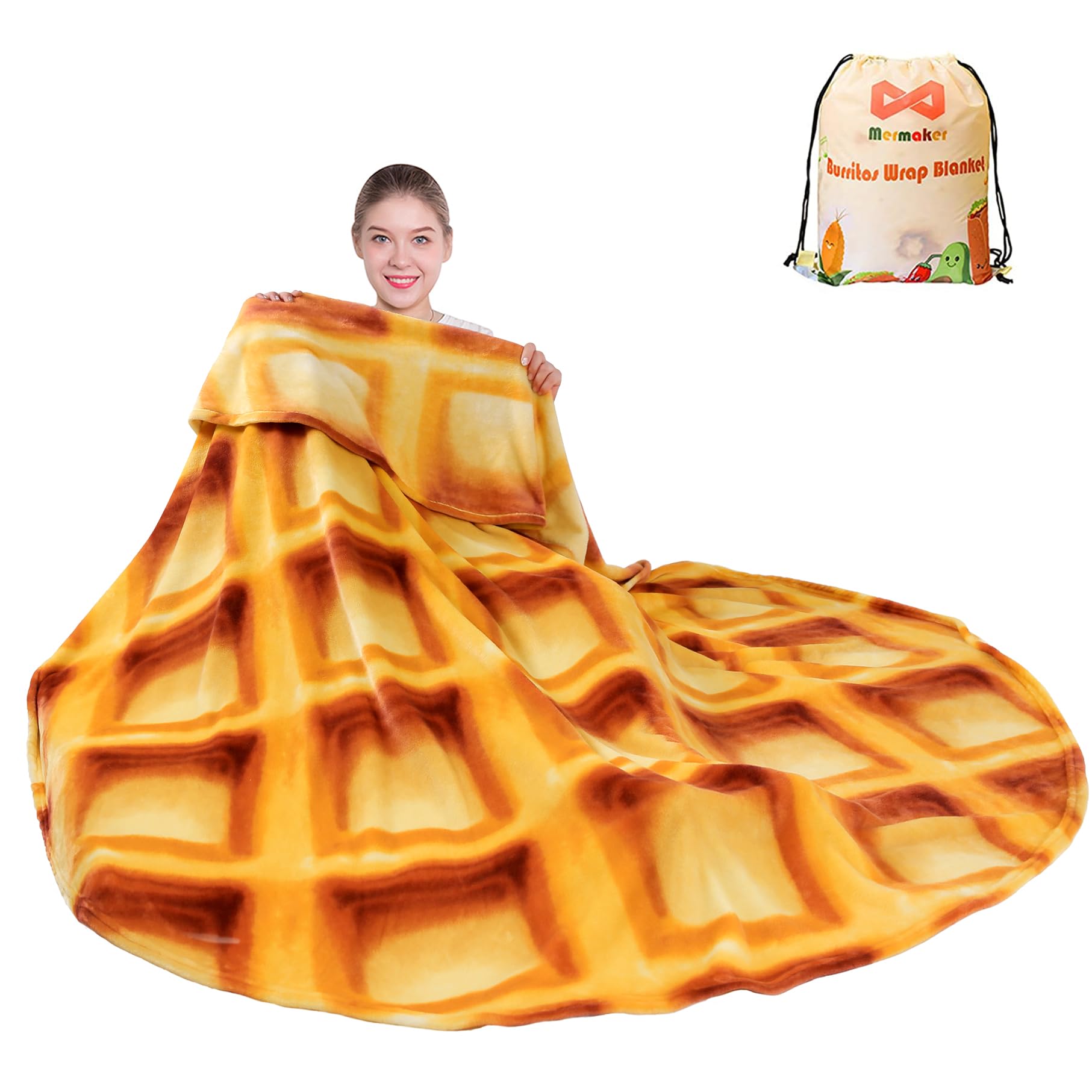 mermaker Waffles Blanket 2.0 Double Sided 71 inches for Adult and Kids, Novelty Realistic Waffles Food Throw Blanket, 285 GSM Soft Flannel Blanket