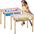 Uiifan 2 Sets Sensory Table Wood Sand Water Table Kid Outdoor Activity Gift for Kids Toddlers Christmas Special Classroom(Wood Color)