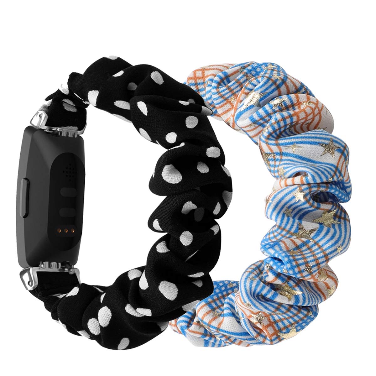 Chofit (2-Pack Strap Compatible with Fitbit Inspire 2/Inspire HR/Inspire Straps, Replacement Scrunchies Arm Band Chiffon Satin Wristband for Inspire 2 Fitness Tracker (Black-White+Blue, S)