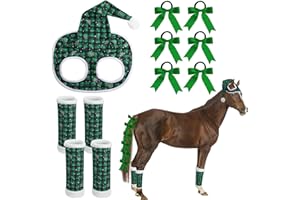 Geyoga 11 Pcs Christmas Horse Accessory Includes Santa Hat with Fleece Trim Leg Wraps with Ribbon Bow Hair Ties for Horse Decoration for Holiday Christmas Costume (Green)