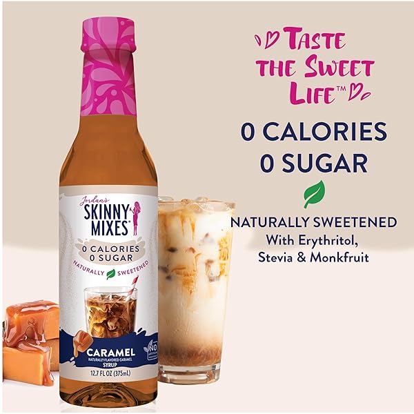 JORDAN’S SKINNY MIXES SUGAR FREE COFFEE SYRUP, CARAMEL COFFEE FLAVORING SYRUP, NATURALLY SWEETENED ZERO CALORIE DRINK MIX, LATTES, BAKING, PROTEIN SHAKE OR COCKTAIL, DAIRY & GLUTEN FREE, 12.7 FL OZ