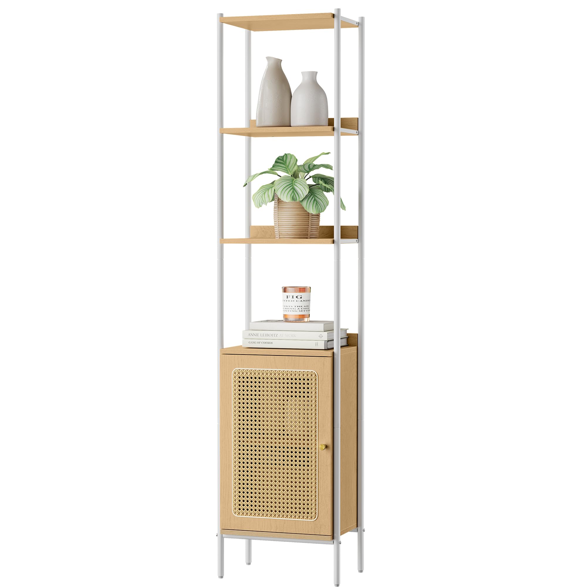 VASAGLE 6-Tier Bookcase, Bookshelf with Rattan-Like Door, Boho Style, Freestanding 15.7-Inch Wide Storage Shelf, Metal Frame, Adjustable Shelf, for Living Room, Oak Beige and Pearl White ULLS122W57