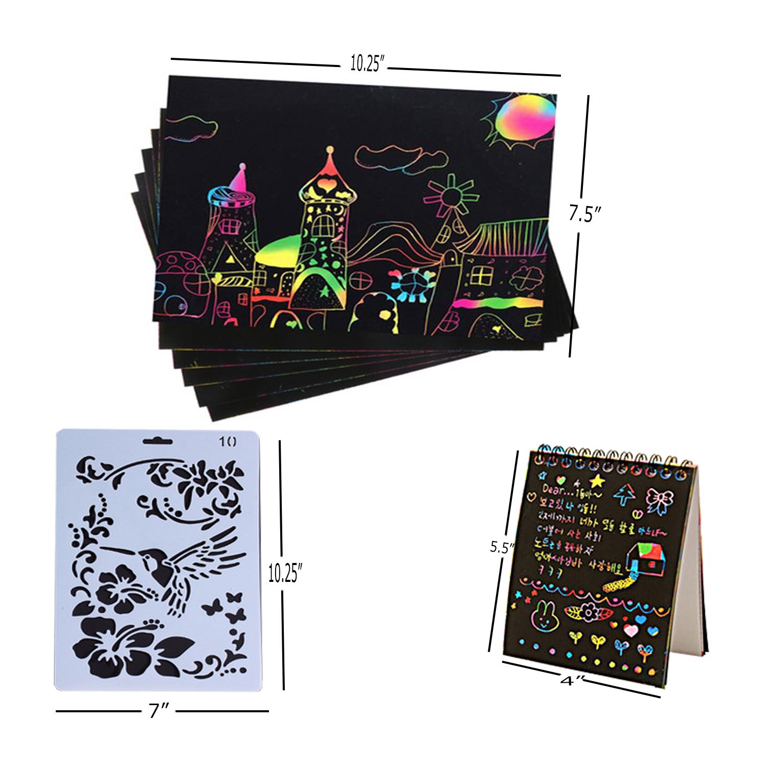 Scratch Art Rainbow, Scratch and Sketch Art Papers Magic Painting Papers with Wooden Stylus & Rulers Stylus Makes Art Fun for Kids, 62 PCS