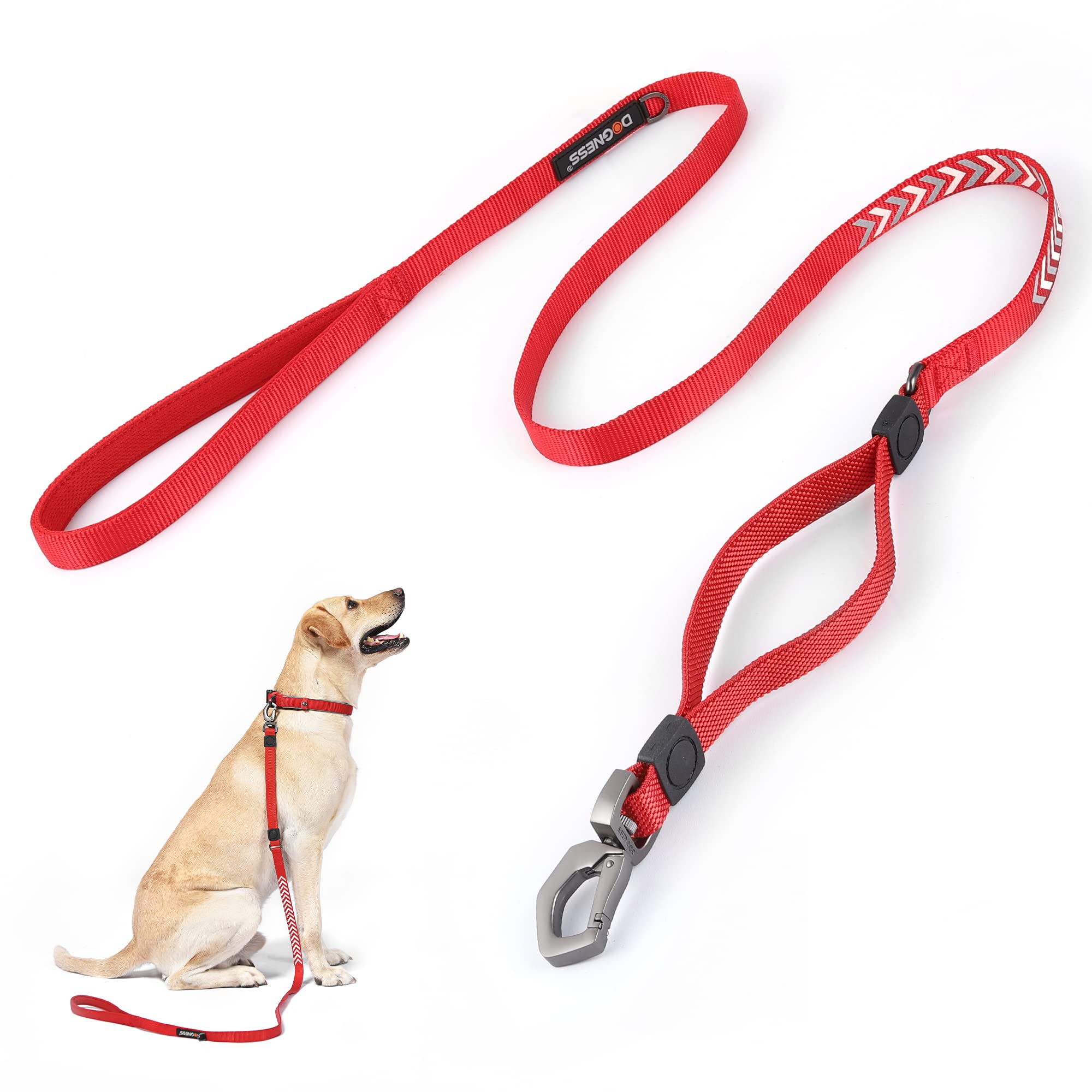 DOGNESS Reflective Dog Training Leads, 5ft x 0.8inch Heavy Duty Dog Lead Traffic Handle Lead, Two Padded Handles, Safety for Night Dog Walking, Red
