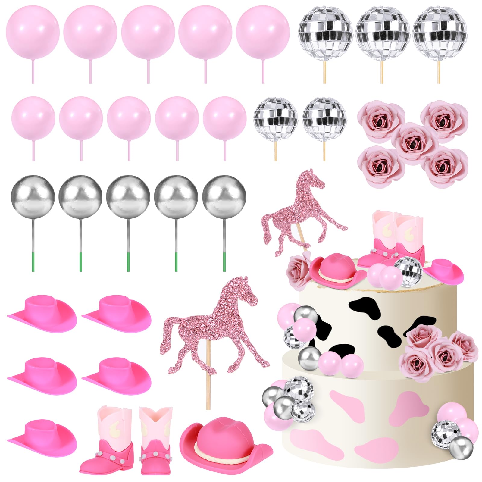 Photo 1 of 33 PCS Cowgirl Cake Topper Cow Cake Decorations with Cowgirl Hat and Boot, Pink Rose, Disco Ball and Pink Signboard for Baby Shower Birthday Party Bachelor Party Western Theme Party Favors Supplies