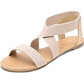 DREAM PAIRS Women's Elastic Ankle Strap Flat Sandals Summer Dressy Shoes Cute Strappy Gladiator Sandals