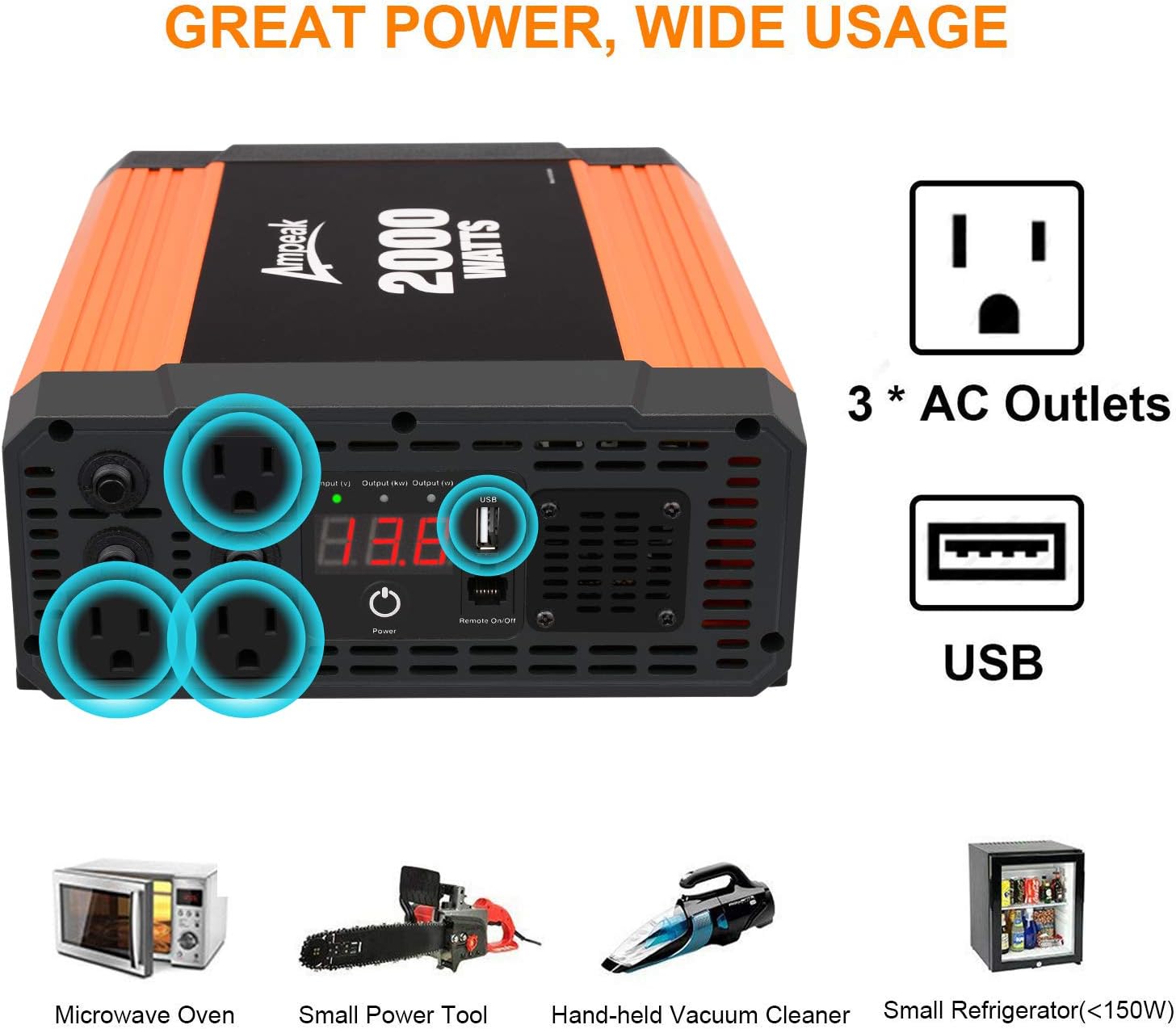Ampeak 2000W Power Inverter 3 AC Outlets DC 12V to 110V AC Car Converter 2.1A USB Inverter: Car Electronics