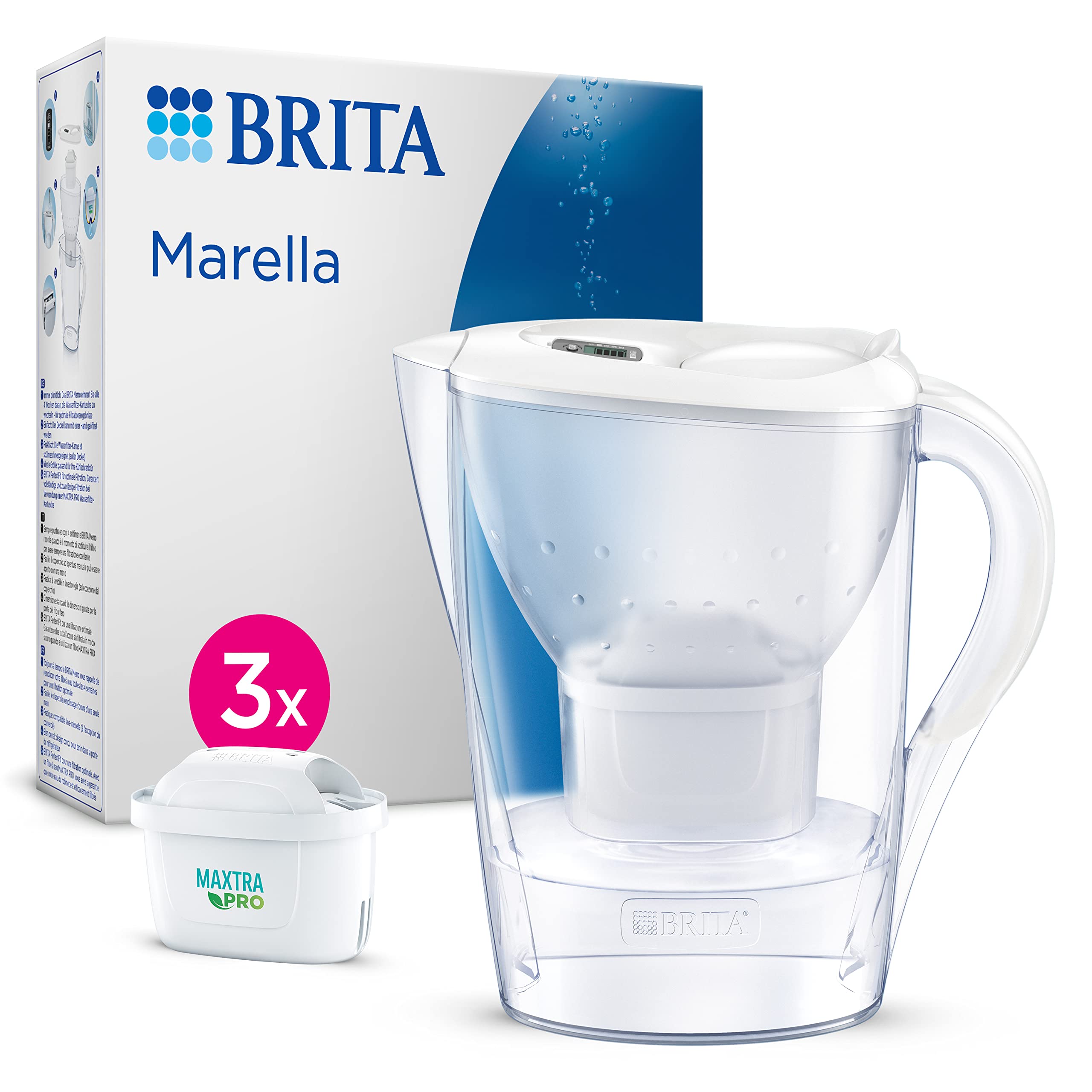 BRITA Marella Water Filter Jug White (2.4L) Starter Pack incl. 3x MAXTRA PRO Pure Performance cartridge - fridge-fitting jug with digital LTI and Flip-Lid - now in sustainable Smart Box packaging