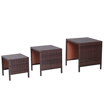 Outsunny Beistelltisch 3er Set Couchtisch Gartentisch Satztisch Balkontisch Polyrattan Braun 40x40x40/50x50x50/60x60x60 cm