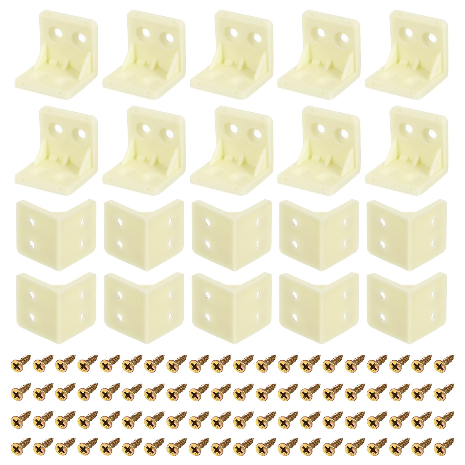 uxcell 50Pcs 90 Degree Plastic Corner Braces, 27.3x27x27mm Nylon Shelf Right Angle Brackets with Screws for Cabinets, Cupboards (Beige Yellow)