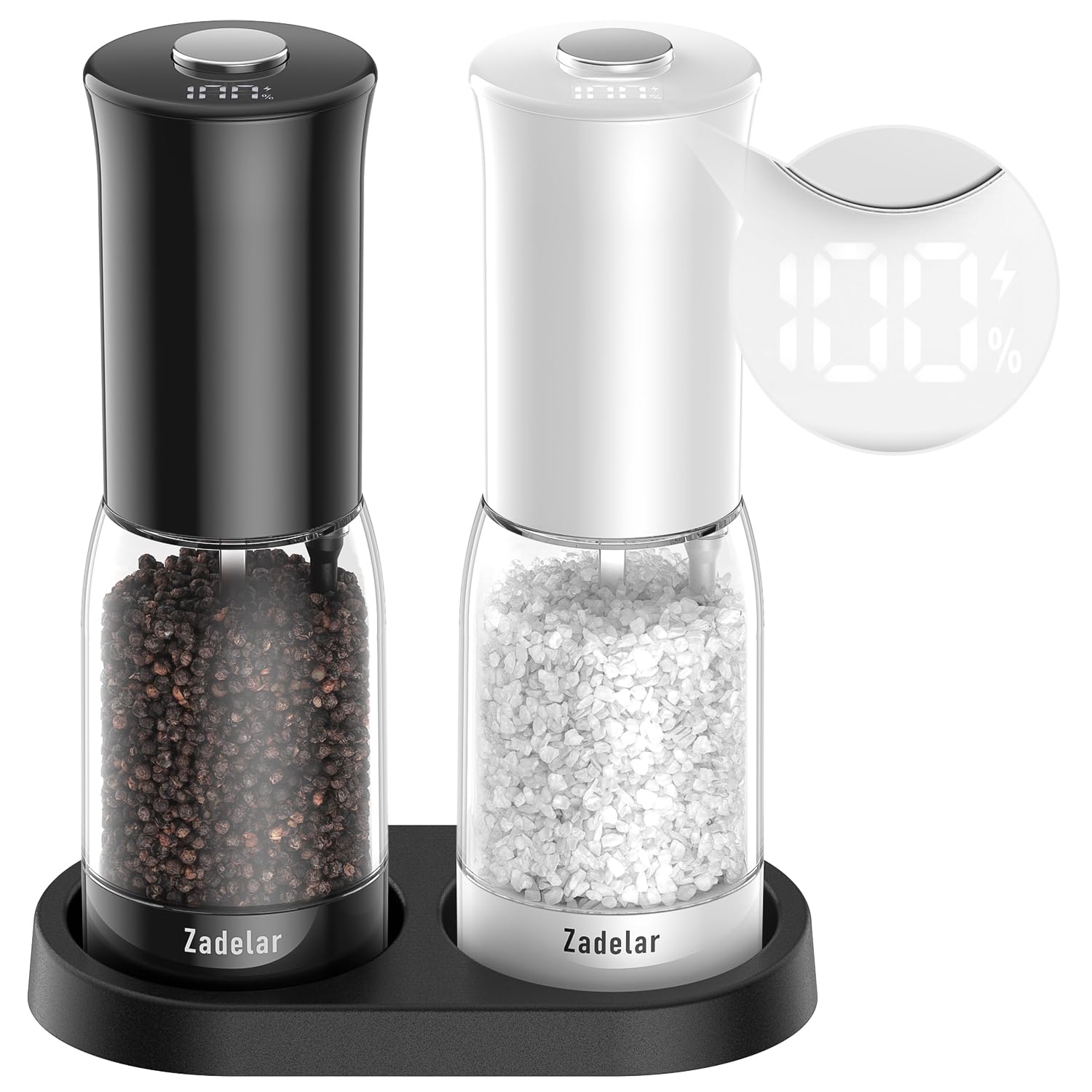 Salt and Pepper Grinder Set with LED Power Display Larger Capacity Salt and Pepper Shakers Set Rechargeable Electric with Flexible Coarsenes LED Light One Hand Operation for Kitchen(White+Black) Image