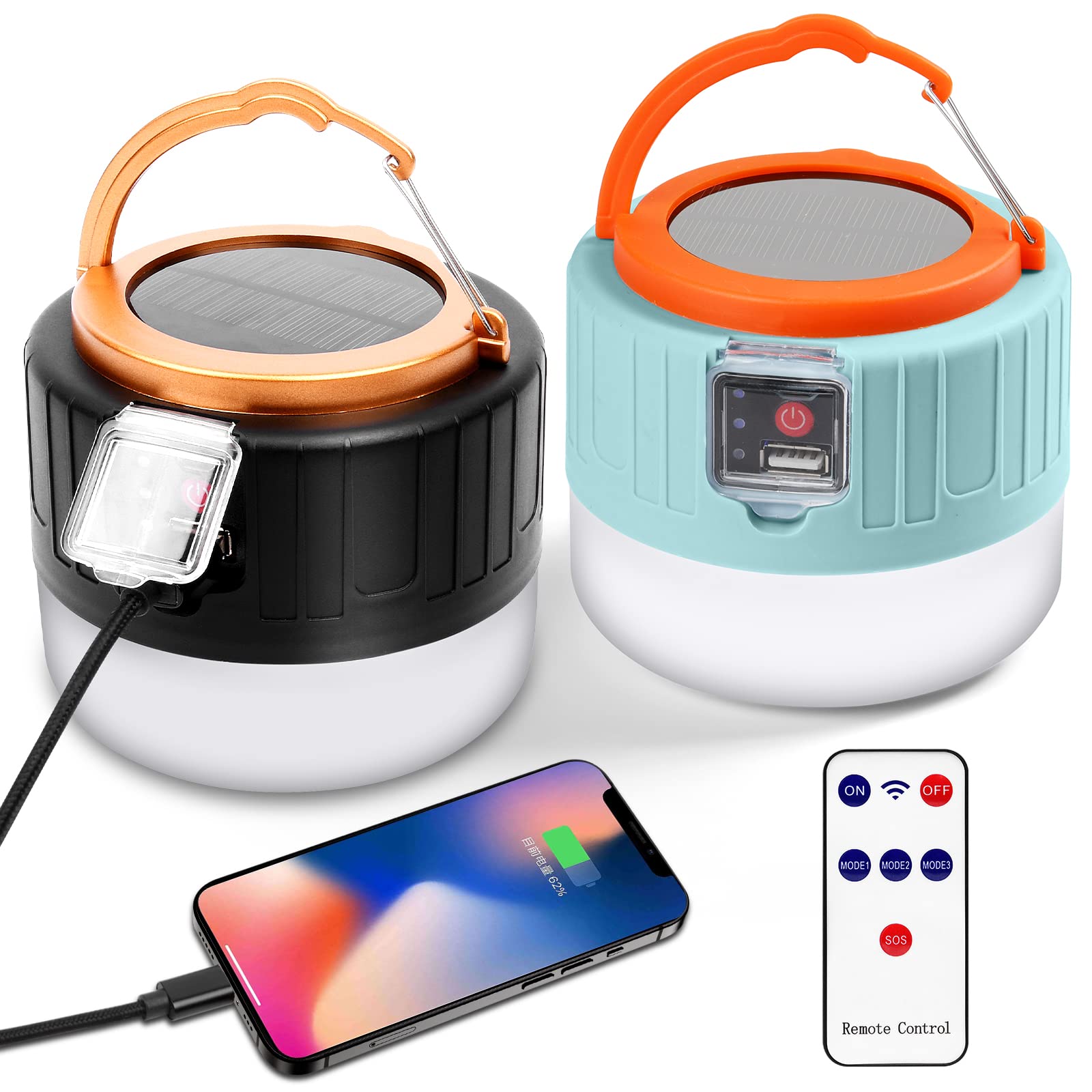 flintronic Camping Lantern,2PCS USB Rechargeable Solar Camping Light, 1000LM Remote Control Camping Lights for Tents, 5 Modes Waterproof Tent Light Suitable for Hiking, Camping, Fishing, Hunting