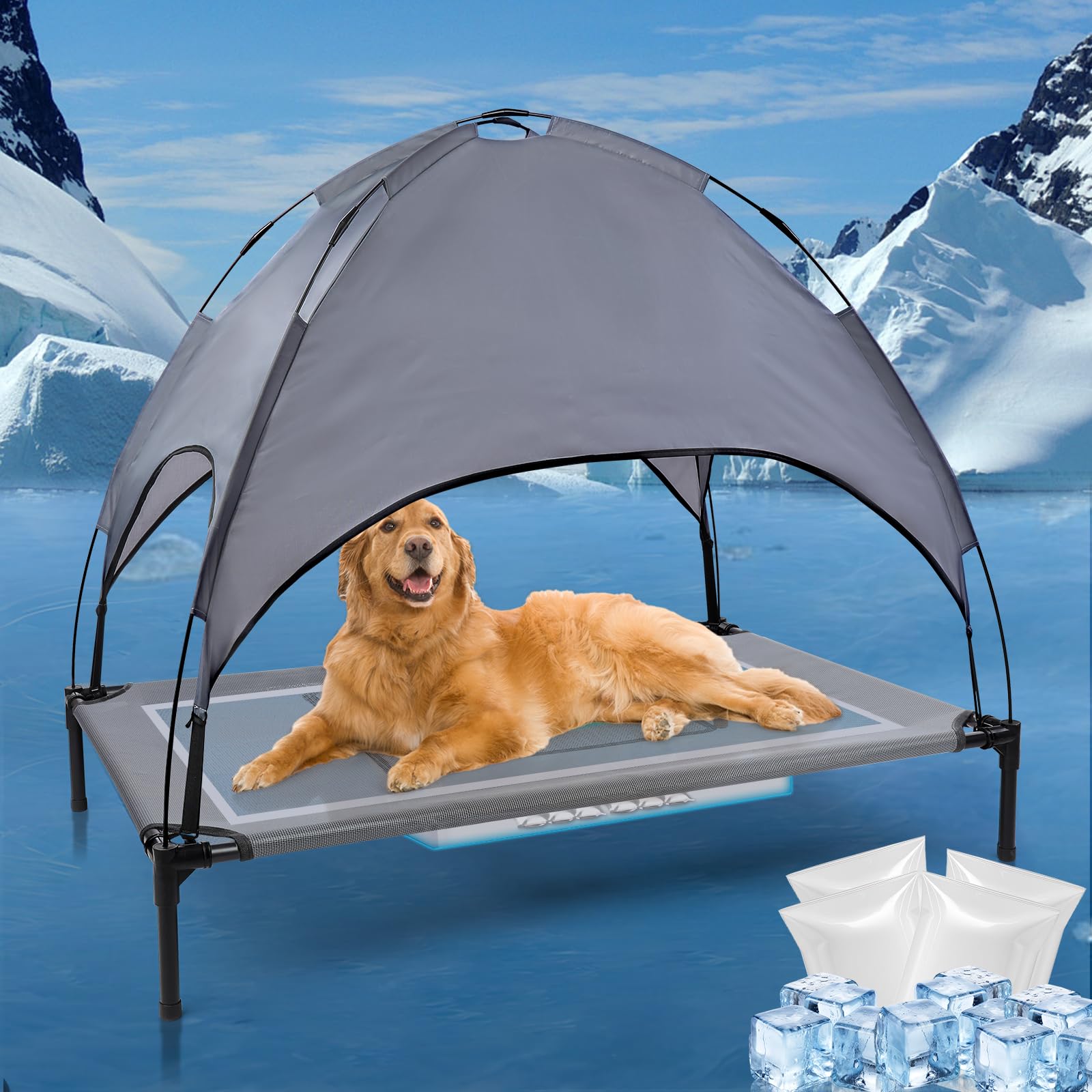 42'' outdoor elevated dog bed with canopy, raised dogs bed medium large size dogs with six support f