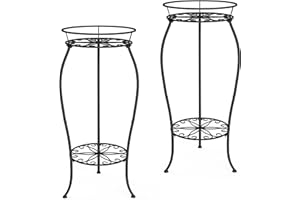 FaithLand 2 Pack Metal Plant Stands, Tall Planter Holder Indoor Outdoor, 2 Tier Round Potted Supports Rack, Corner Display Shelf Black