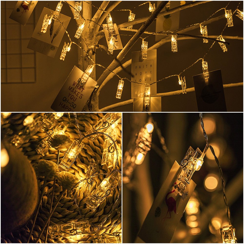 Amteker LED Foto Clip Stringa Illuminazione con Telecomando e Timer - 40 Foto Clip Batteria Alimentato 5M Luci Immagine Illuminazione per Decorazione Tabella Foto,Note,Opera D\'arte (Bianco Caldo)