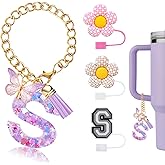 Raxiact 4PCS Stanley Cup Accessories for 30oz 40oz Tumbler with Handle, Silicone Straw Covers Topper Cap and Boot, Spill Proof Stopper, Keychain Handle Charm, Initials Decorations, Purple S