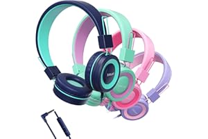 SIMJAR 4 Pack Kids Headphones with Microphone for School Classroom Bulk Set, Volume Limiter 85/94dB, Wired Girls Headphones with Foldable Design for Online Learning/Travel/Tablet/iPad (4 Pack)