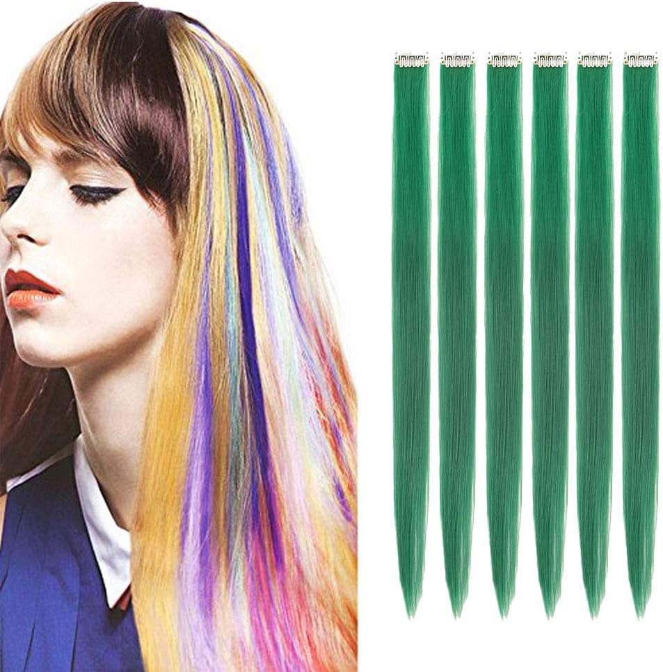 Creamily Clip in Hair Extensions 20 Inch Multi Color Hair Extensions Green Party Highlights Long Straight Synthetic Hair Extension for Women Kids Girls (6 Pieces/Pack)