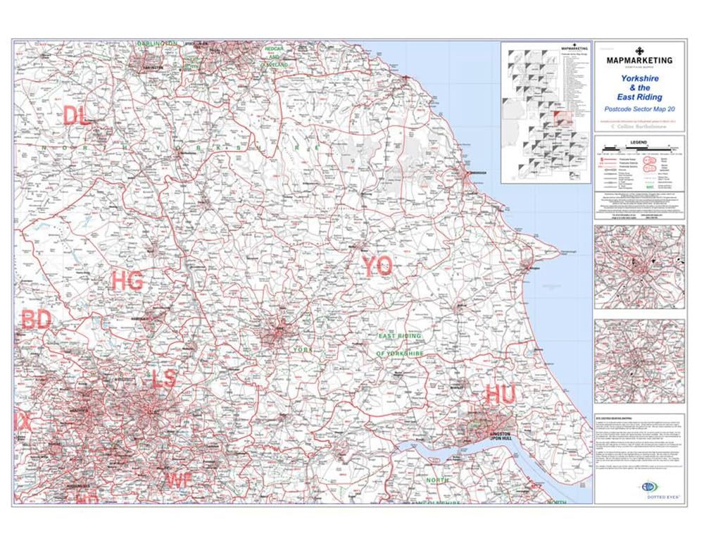 Yorkshire & East Riding LEEDS/BRADFORD - Postcode Sector Map 20 - Wall Map With Motorway, A' Roads, B' Roads, City Plans, Area, District, Sectors Size: 73 x 107 cm Scale: 1:150,000- Laminated