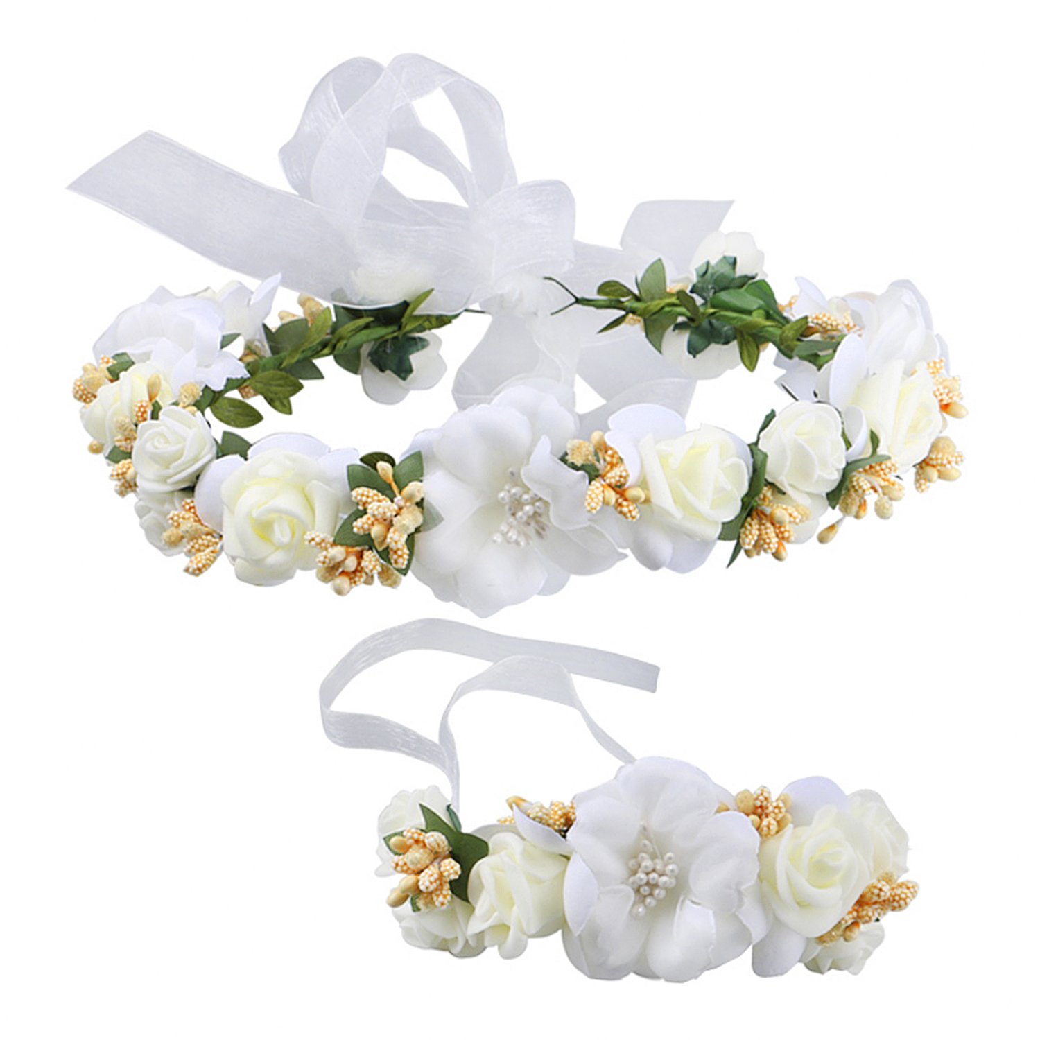 Wedding Bride Garland Women Floral Headband Flower Girl Adjustable Headwear Ladies Artificial Floral Hoop wih Wristband Beach Hawaii Wreath Crown Set Bohemia Headpieces Bracelet for Party Festival