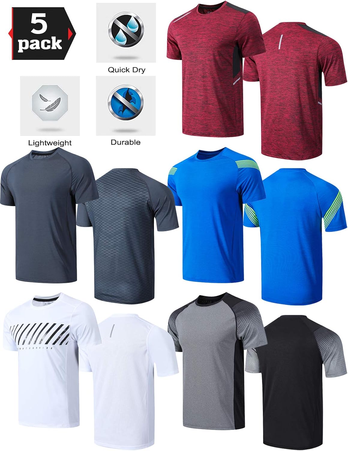 5 Pack Men’s Active Quick Dry Crew Neck T Shirts | Athletic Running Gym Workout Short Sleeve Tee Tops Bulk: Clothing