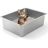 Kirecoo Stainless Steel Cat Litter Box - Metal High Sided Cat Pan, Large Stainless Steel Box, Indoor Litter Tray, Non Stick, No Smell, Easy to Clean, Pet Toilet Supplies for Kitten, Kitty, Rabbit