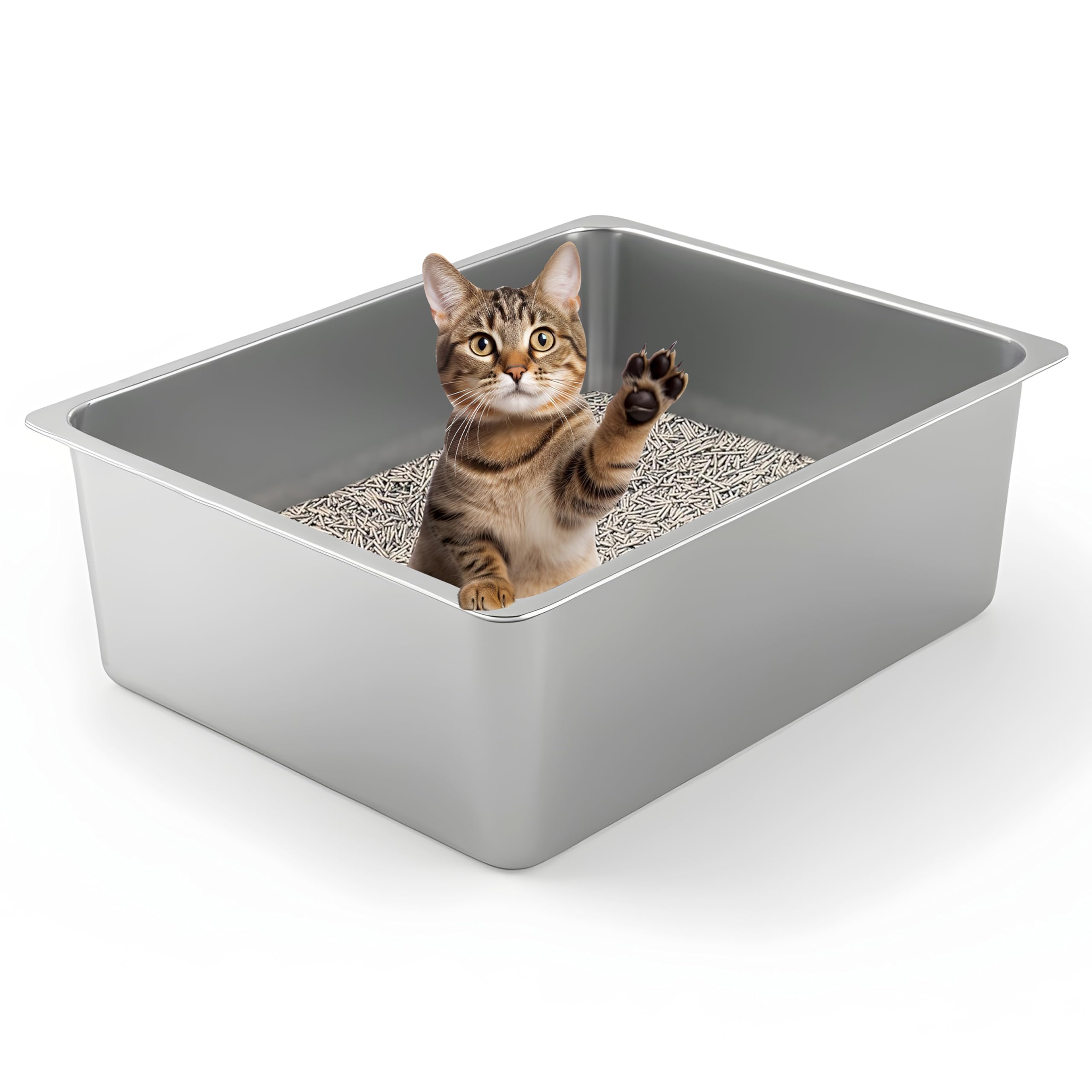 Photo 1 of Kirecoo Stainless Steel Cat Litter Box - Metal High Sided Cat Pan, Large Stainless Steel Box, Indoor Litter Tray, Non Stick, No Smell, Easy to Clean, Pet Toilet Supplies for Kitten, Kitty, Rabbit