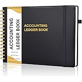 HAUTOCO Hardcover Accounting Ledger Book for Small Business Bookkeeping Horizontal Money Expense Tracker Notebook with 2 Storage Pouch, Personal Columnar Log Journal 10.78 x 8'', Black