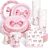 Layhit 200 Pcs Pink Bow Paper Plates and Napkins Bowknot Tableware Set 1st Birthday Plates Napkins Cups Supplies Kit Pink Conquette Valentines Galentines Decorations for Party Favor