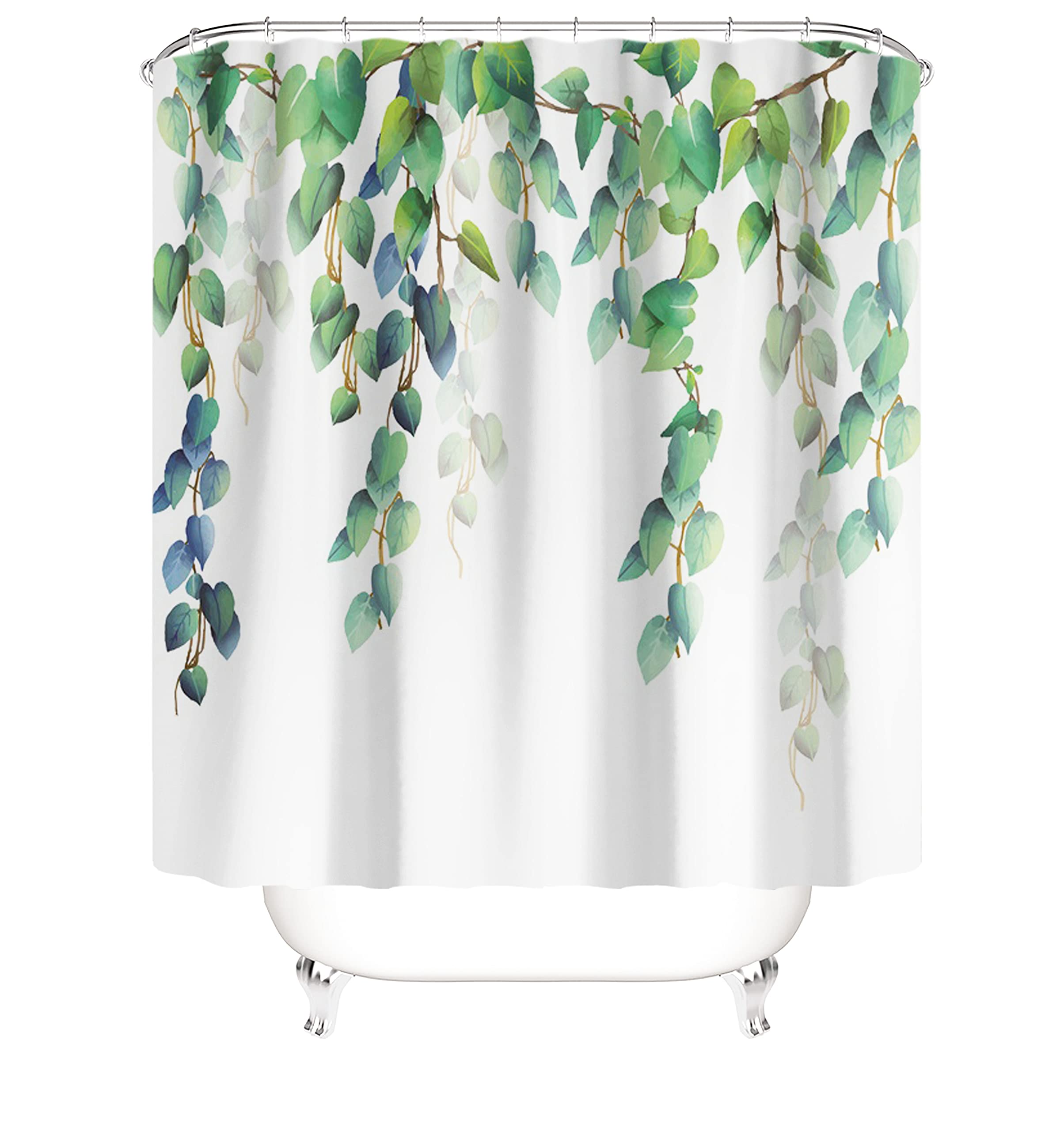 M&W DAS DESIGN Shower Curtain Green Plants Bathroom Textile Curtain Mildew Resistant Fabric Washable Blue Leaves Top Polyester Shower Curtain Including 12 C-Rings Weight Bottom 180 x 200 (W x H) cm