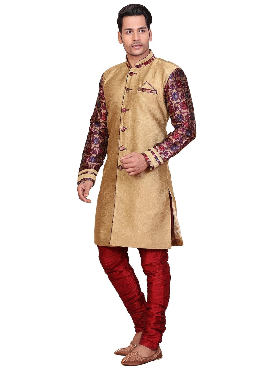 a.b.c. garmentsgolden sherwani with maroon printed sleeve for mens