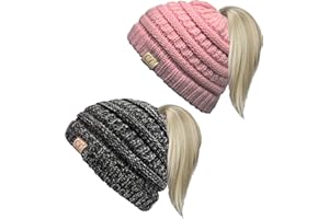 Funky Junque Kid's BeanieTail Children’s Ponytail Messy Bun Beanie Solid Ribbed Hat